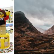 A figure in the LEGO store on New York's 5th Avenue, and a shot of the Scottish highlands
