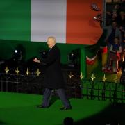 US President Joe Biden arrives on stage to deliver a speech at St Muredach's Cathedral in Ballina during his visit to Ireland