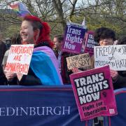 Protesters at Edinburgh University following the cancellation of Adult Human Female for the second time