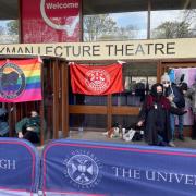 Students block the entrance to the screening of Adult Human Female at the University of Edinburgh