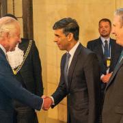 King Charles with Rishi Sunak and Keir Starmer at a reception in Westminster ahead of the coronation