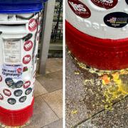 A Royal Mail postbox in Cardiff, that was decorated for the coronation, is covered with Welsh independence and republican stickers, graffiti and has also had eggs thrown at it