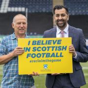 First Minister of Scotland Humza Yousaf with co-founder of the Scottish Football Supporters Association Paul Goodwin