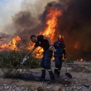 A firefighter uses a bottle to drop water over a burnt plant as the flames approach in Vati village, on the island of Rhodes