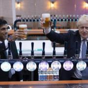 Rishi Sunak and Boris Johnson visiting a brewery together in 2021
