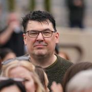 Father Ted creator Graham Linehan during a Let Women Speak rally in Belfast