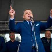 Former Slovakian prime minister Robert Fico gives a speech during a protest against Covid pandemic measures in 2021