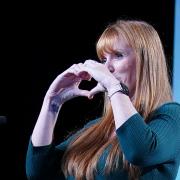 Angela Rayner makes a heart shape with her hands following a speech at the TUC conference in Liverpool