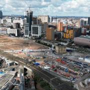 An aerial view shows the site of the HS2 construction site at Curzon Street in Birmingham