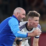 Scotland manager Steve Clarke speaks to Scott McTominay on the touchline during the Euro qualifier against Spain