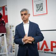 Mayor of London Sadiq Khan speaking to media during a visit to the charity Medical Aid for Palestinians
