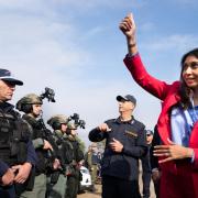 Home Secretary Suella Braverman during a visit to the north eastern Greek border with Turkey in Alexandroupolis to view surveillance facilities