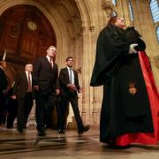 Prime Minister Rishi Sunak (centre right) walks with Labour Party leader Sir Keir Starmer through the Members Lobby at the Palace of Westminster