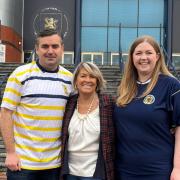 Gavin Newlands and Gillian Mackay (right) joined World Cup winner and ex-Scotland star Rose Reilly at Hampden