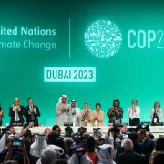 Delegates applaud after a speech by Sultan Ahmed Al Jaber, President of the UNFCCC COP28 Climate Conference