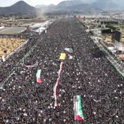 A demonstration organized with Palestinian flags and banners in support of Gaza in Sanaa, Yemen on January 05, 2024.