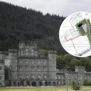 Taymouth Castle and a diagram of the proposed golf cart garage complex on land earmarked for affordable homes (inset)