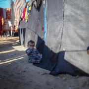 Displaced Palestinians live in tents on February 11, 2024 in Rafah, Gaza
