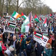 Demonstrators held banners calling for a “ceasefire now” and chanted “free, free Palestine” in the streets
