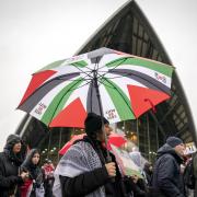 People gather outside the Scottish Labour party conference for a pro-Palestine protest