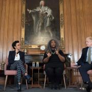 From(left to right) Dame Kelly Holmes, Anne Marie Imafidon and former Prime Minister Boris Johnson during a panel event  to mark International Women's Day at Downing Street in 2020