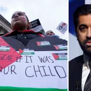 SNP First Minister Humza Yousaf (right) and a pro-Palestine protester