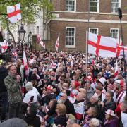 Alt-right actor Laurence Fox speaking to people attending a St George's Day rally on Whitehall