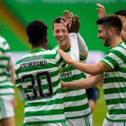 Jeremie Frimpong celebrates a goal during his Celtic days