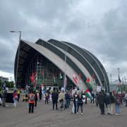 Demonstrators outside the Barclays AGM at the SEC in Glasgow, one week before the Lloyds meeting in the same location