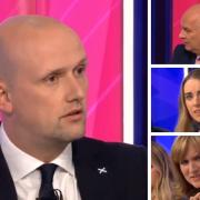 SNP MP Stephen Flynn (left) was interrupted by Iain Dale, Meghan Gallacher, and Fiona Bruce all within the space of one minute