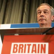 Nigel Farage during a press conference with Leader of Reform UK Richard Tice, announcing their party's legal immigration policy, at The Glaziers Hall in London
