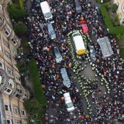 An ariel view of the 2021 Kenmure Street protest which blocked a Home Office immigration raid