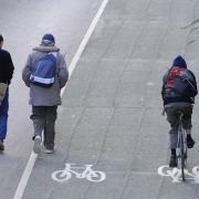 Cyclist on a cycle lane at Cowcaddens, Glasgow..