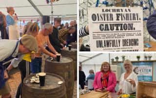 Eventual winner Fin Bullough prepares to compete in the oyster eating heats (left), and SNP MSP Emma Harper at the festival with celebrity chef Clodagh McKenna (bottom right)