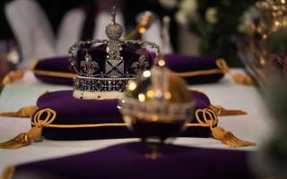 The Imperial State Crown, and orb and sceptre on the high altar during the committal service for Queen Elizabeth, in Windsor Castle