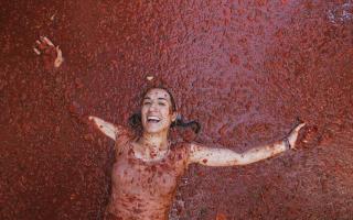 A reveller lies in a puddle of squashed tomatoes during the annual Tomatina tomato fight fiesta in the village of Bunol near Valencia, Spain