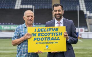First Minister of Scotland Humza Yousaf with co-founder of the Scottish Football Supporters Association Paul Goodwin