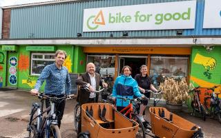 Greg from Bike for Good, Patrick Harvie, Minister for Active Travel, and Suzanne for Cycling UK at the launch of the CycleShareFund at Bike for Good