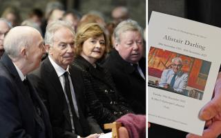 Former prime minister Tony Blair was among those at a memorial service for Alistair Darling on Tuesday