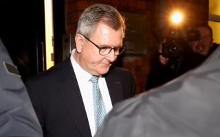 DUP leader Jeffrey Donaldson leaving DUP HQ after the five-hour meeting