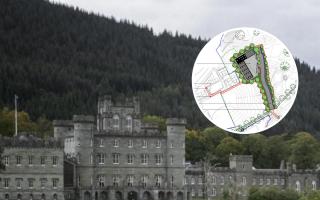 Taymouth Castle and a diagram of the proposed golf cart garage complex on land earmarked for affordable homes (inset)