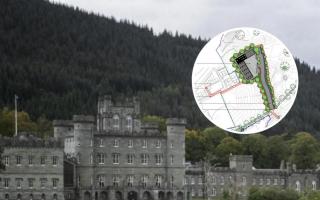 Taymouth Castle and a diagram of the previously proposed golf cart garage complex on land earmarked for affordable homes
