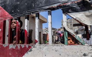 Children look on from behind the a gate of an enclosed area, painted in the colours of the Palestinian flag, in Rafah