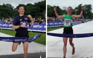 Winners Moray Pryde (left) and Johanna Oregan crossing the finish line of the Edinburgh Marathon