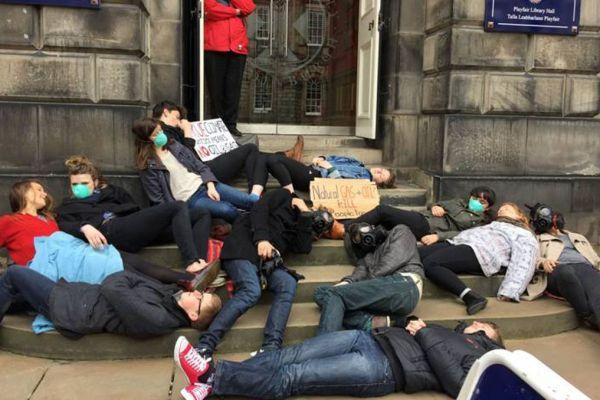 Students stage a lie-down protest at Old College