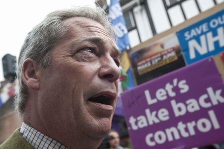 The National: Ukip leader Nigel Farage during his party's referendum Brexit Battle Bus tour in Kingston, London
