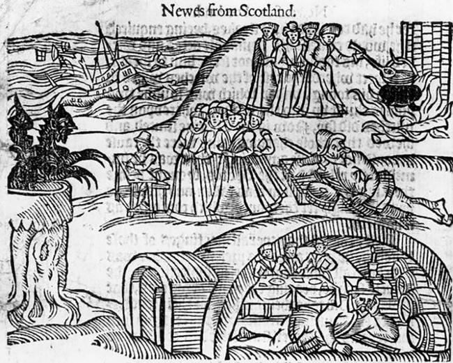 Illustration depicting the trial of Scottish witches
