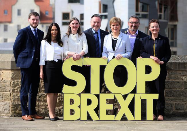 SNP leader Nicola Sturgeon with, from left, European Parliament candidates Alex Kerr, Margaret Ferrier, Aileen McLeod, Alyn Smith, Christian allard and Heather Anderson